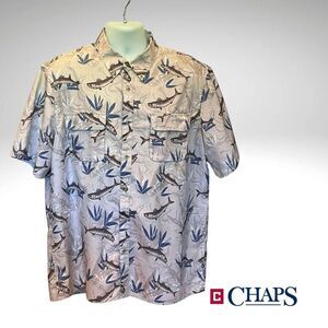 Chaps Blue and Gray Fish Pattern Casual Button Down Shirt, Size XL